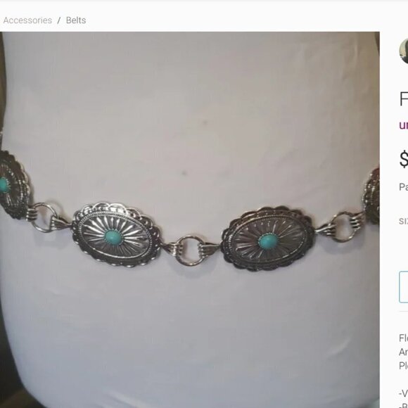 Flower Turquoise style Chain concho Waist Belt nwot - Picture 3 of 5